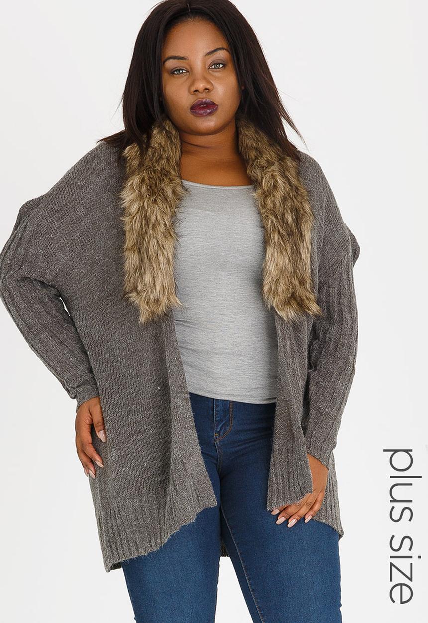 Brave Soul - For Me Faux Fur Collar Cardigan Charcoal