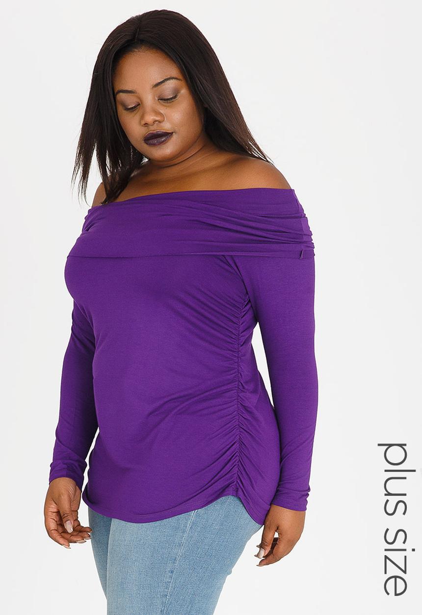 STYLE REPUBLIC PLUS - Bardot Tee with Side Ruched Detail Dark Purple
