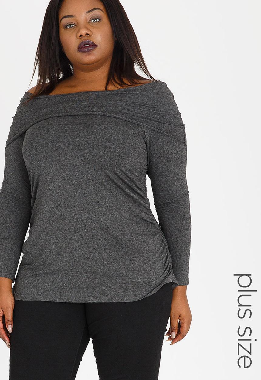 STYLE REPUBLIC PLUS - Bardot Tee with Side Ruched Detail Grey Melange