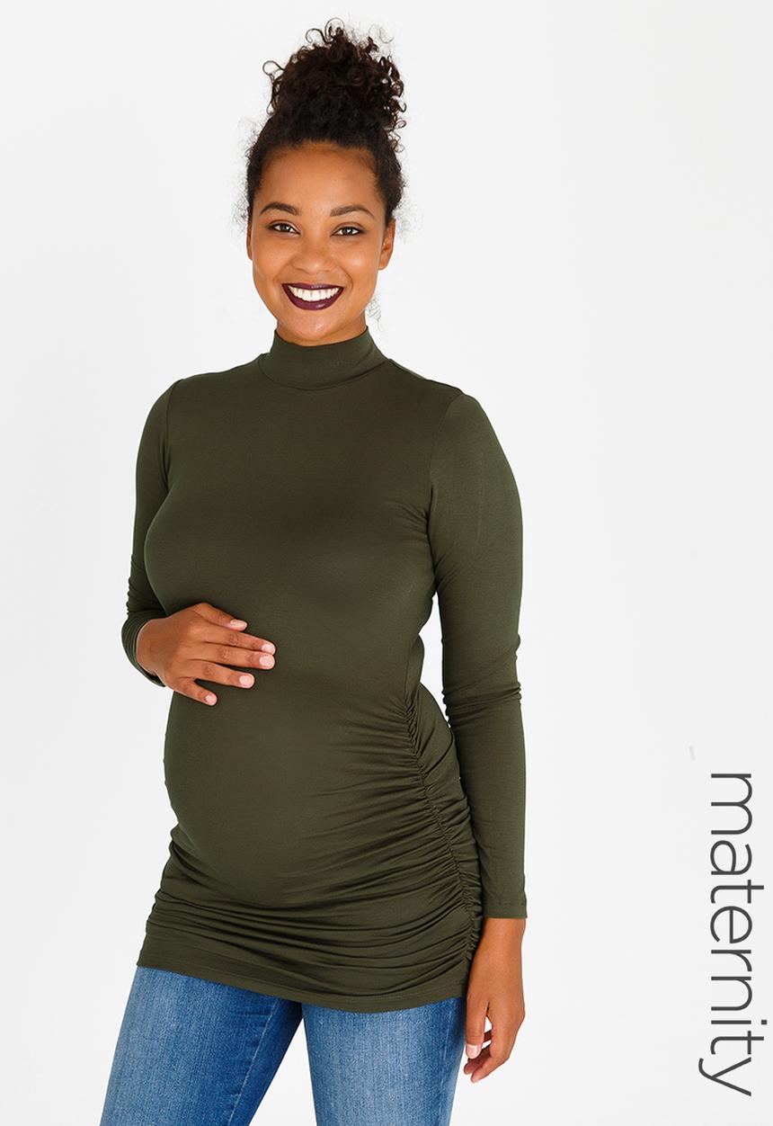 edit Maternity - Turtle Neck Top with Side Gauge Khaki Green