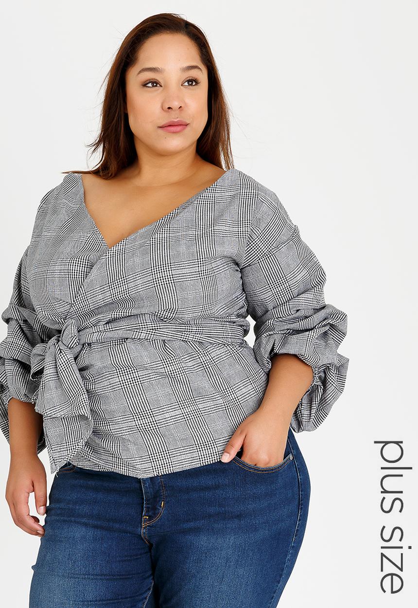 STYLE REPUBLIC PLUS - Checked Puff Sleeve Wrap Blouse Black and Grey
