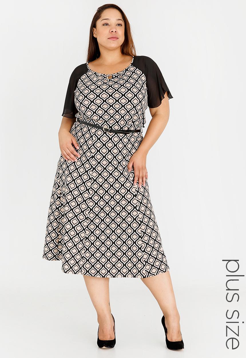 edit Plus - Printed Skirt with Belt Black and Cream