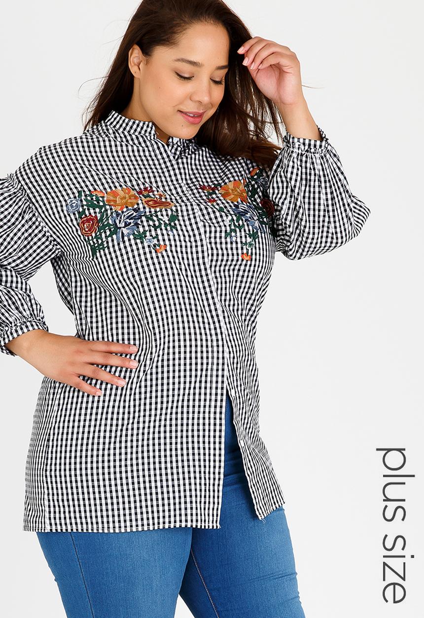STYLE REPUBLIC PLUS - Embroidered Volume Sleeve Shirt Black and White