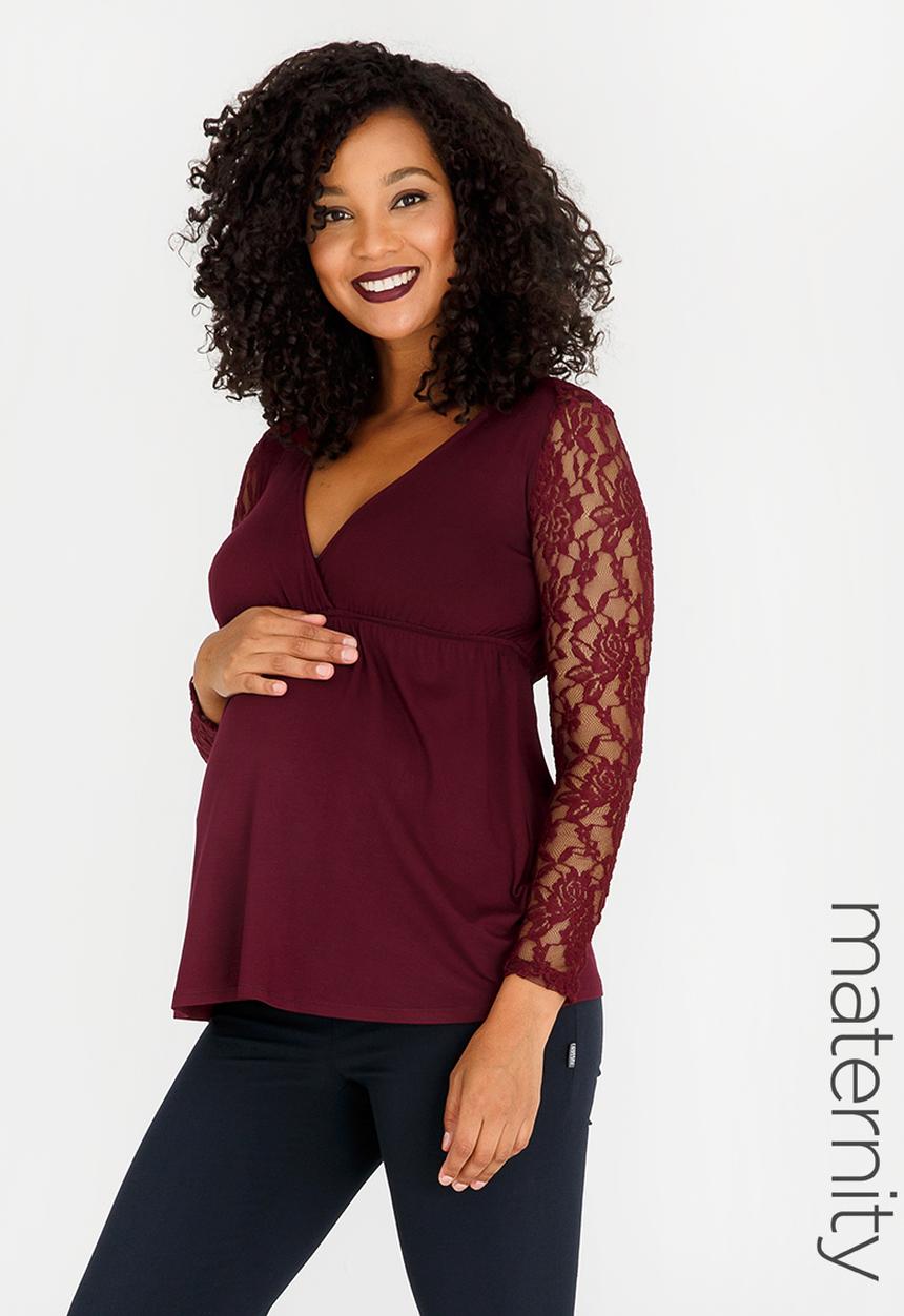 Cherry Melon - Lace Sleeve Crossover Feeding Top Burgundy