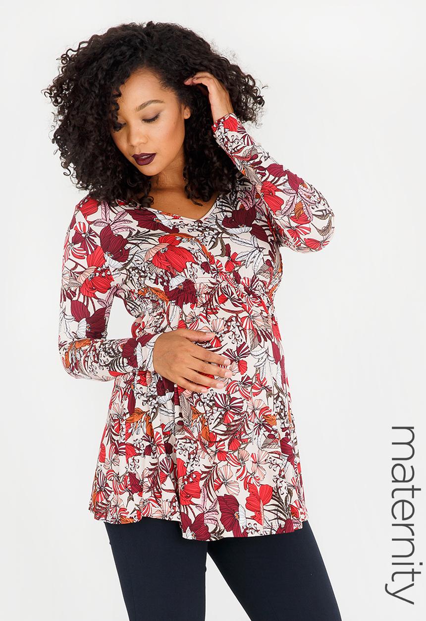 Cherry Melon - Printed Longsleeve Smock Detail Top Dark Red