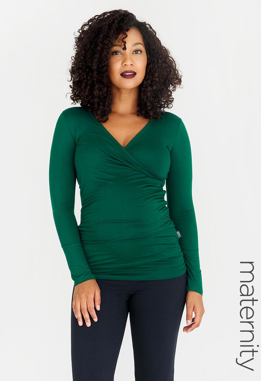 Cherry Melon - Longsleeve Gauged Wrap Top Dark Green