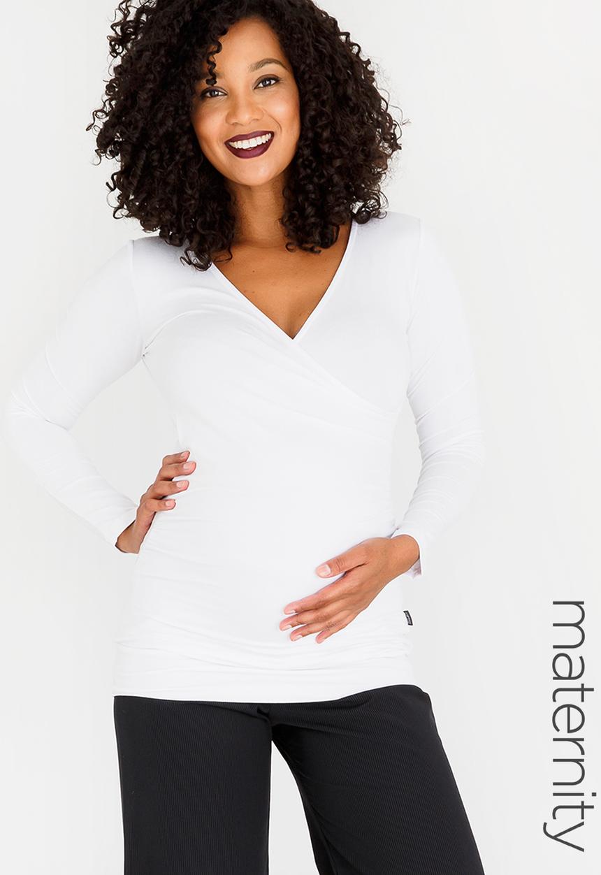 Cherry Melon - Maternity Gauged Wrap Top Long Sleeve - White