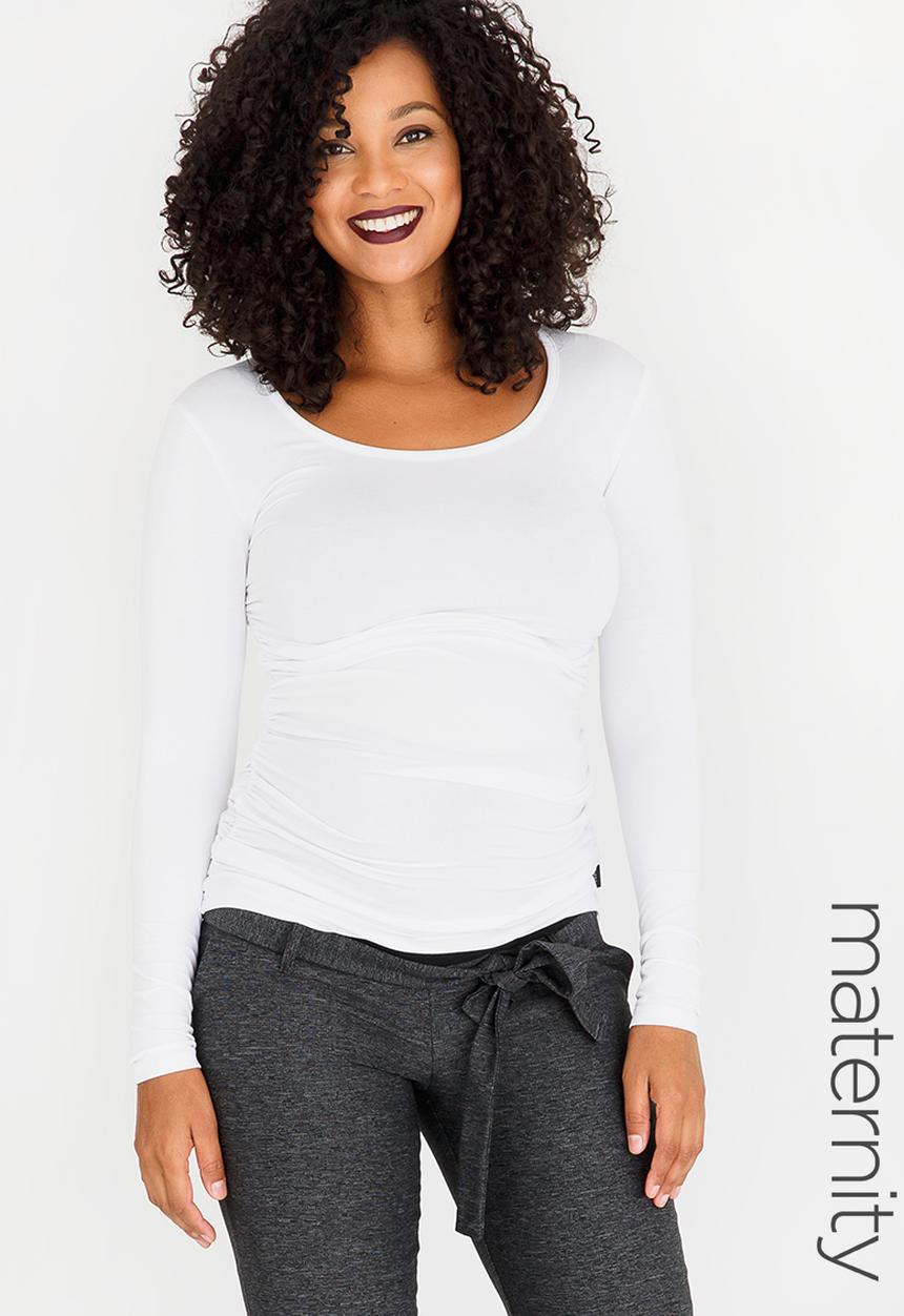 Cherry Melon - Maternity Round Neck Top with Side Detail Long Sleeve - White