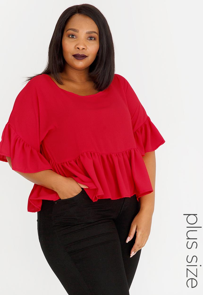 STYLE REPUBLIC PLUS - Frill Detail Blouse Dark Red