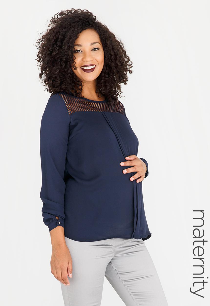 Cherry Melon - Box Pleat Lace Inset Blouse Navy