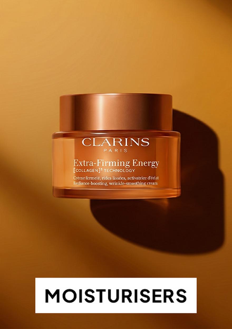 Moisturisers category banner: Clarins Multi-Active Jour antioxidant day cream in a premium pink glass jar.