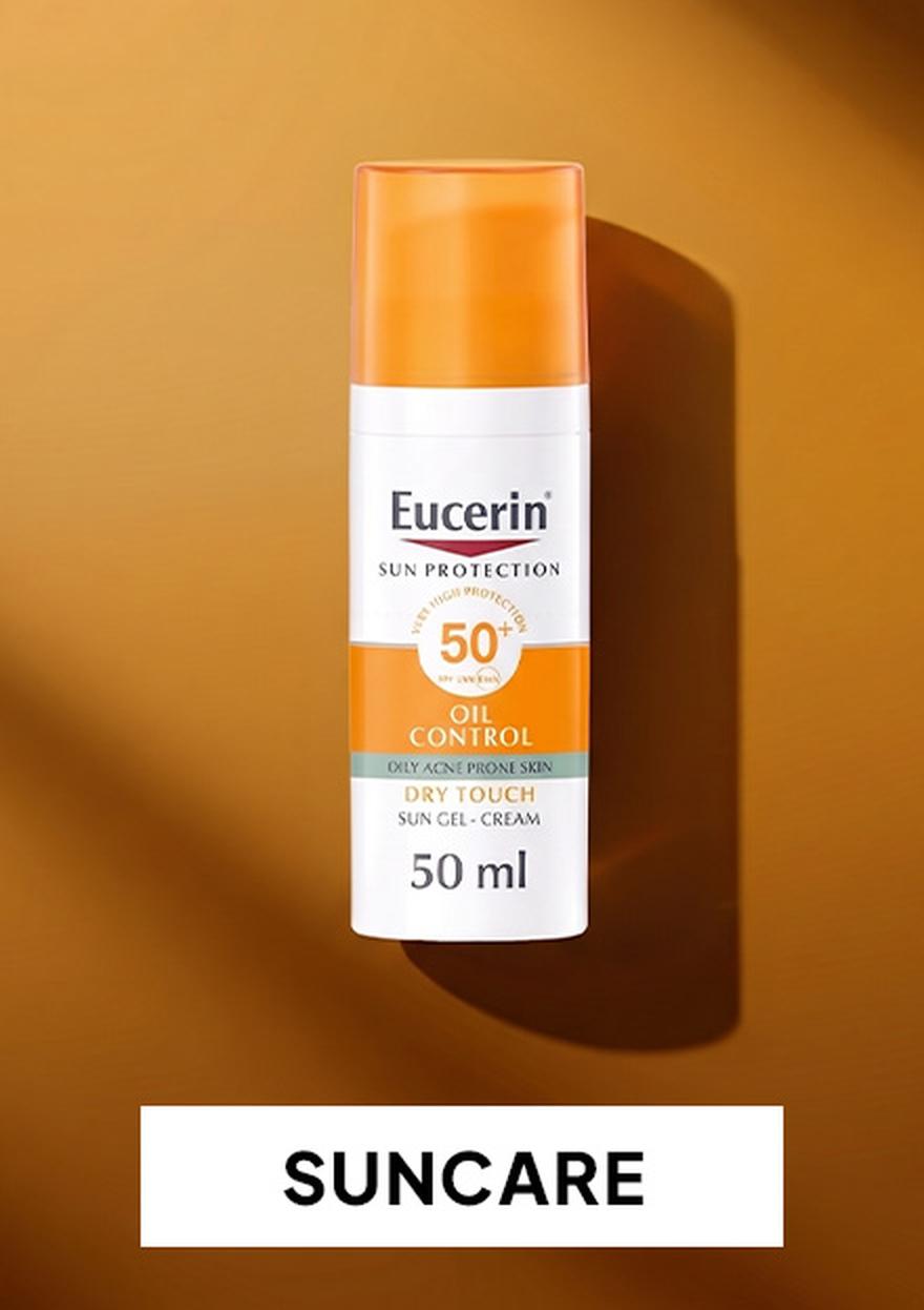 Suncare category banner: Eucerin Sun Fluid SPF 50+ Even Pigment Perfector for daily face protection.