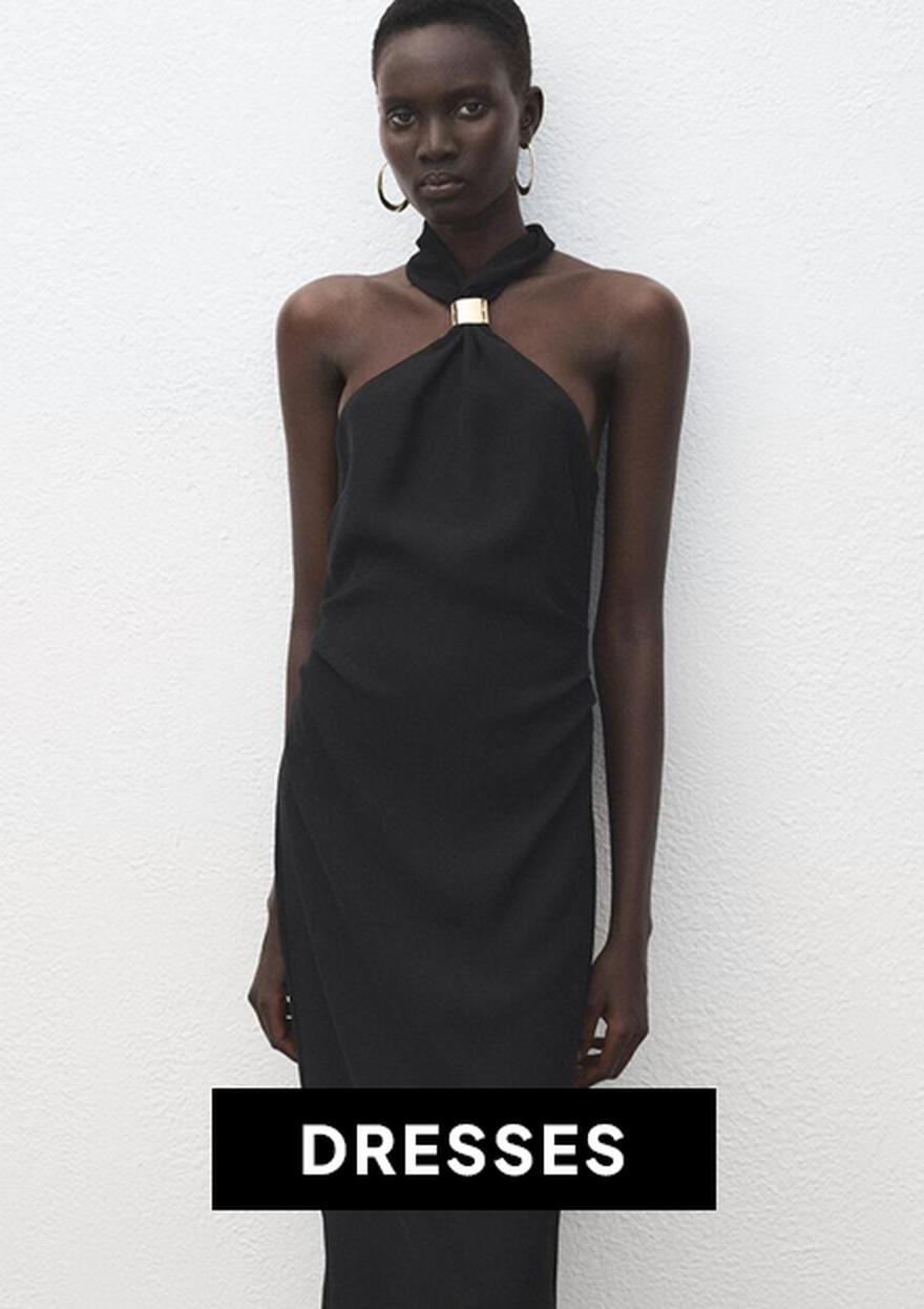 Woman in a brown sleeveless dress against a white background, labeled “DRESSES” for the Black Friday women’s deals section.
