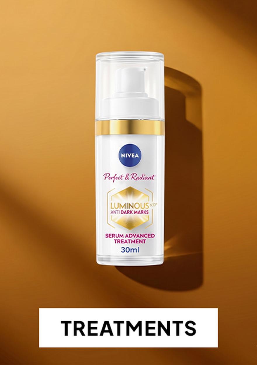 Treatments category: Nivea Luminous 630 Anti Dark Marks Serum 30ml pump bottle and packaging for evening skin tone.