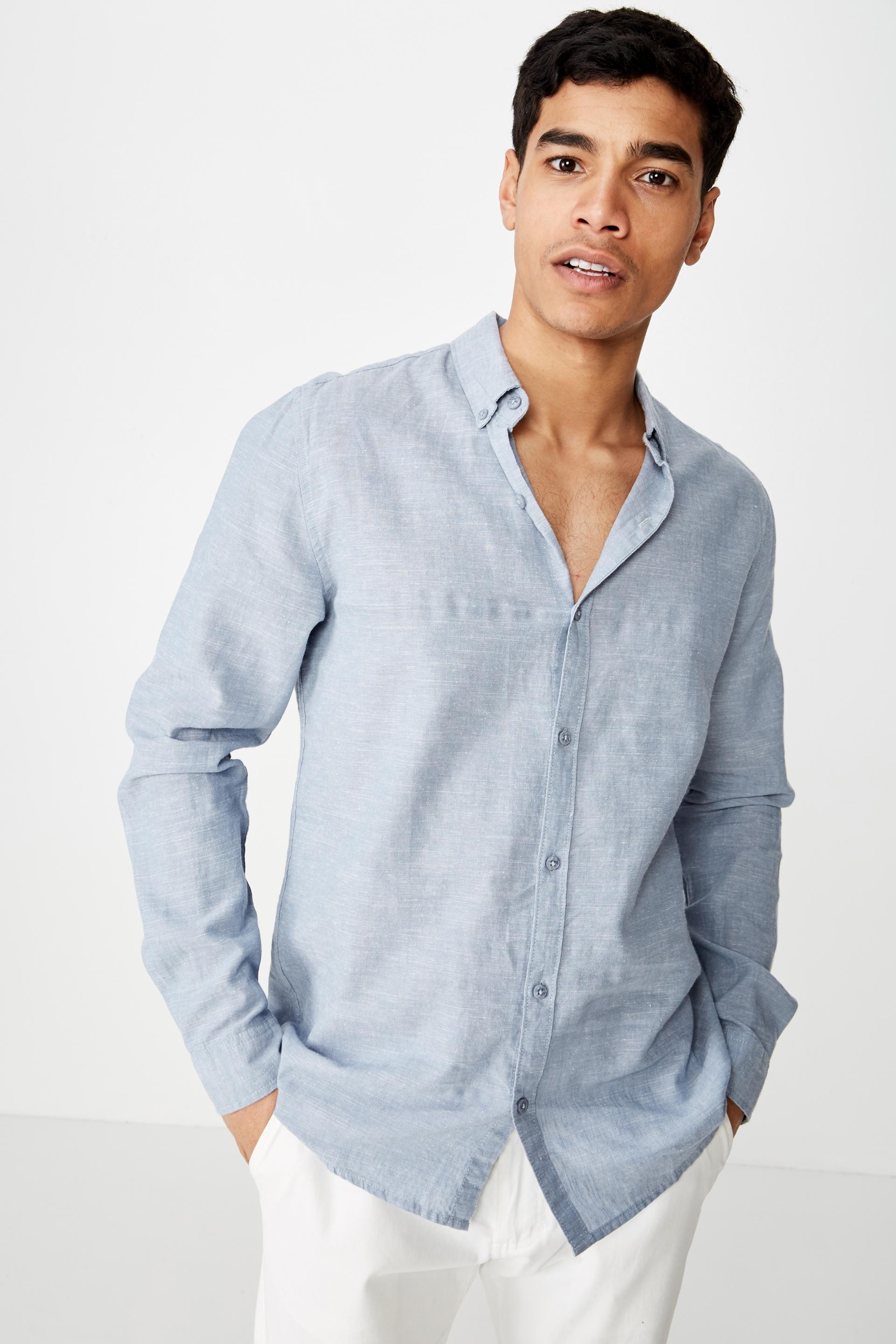 Premium linen cotton long sleeve shirt - mid blue white Cotton On ...