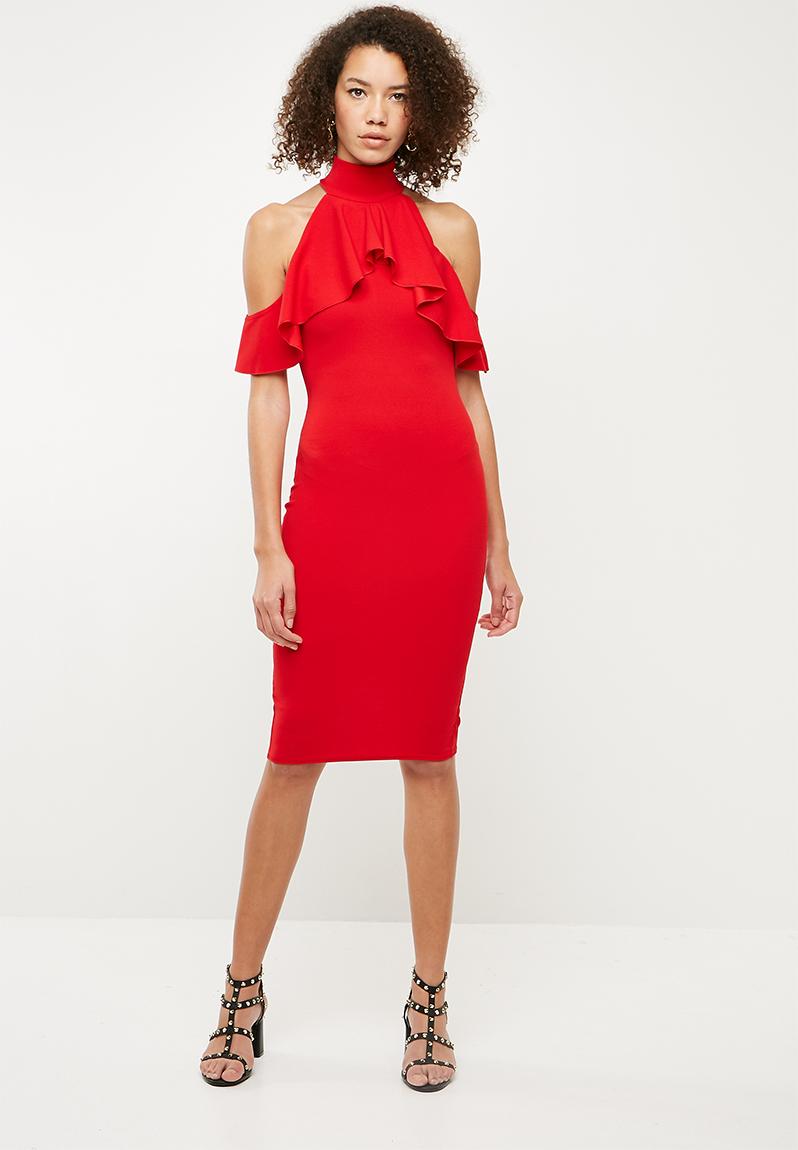 High neck frill cold shoulder midi dress - red Missguided Occasion ...