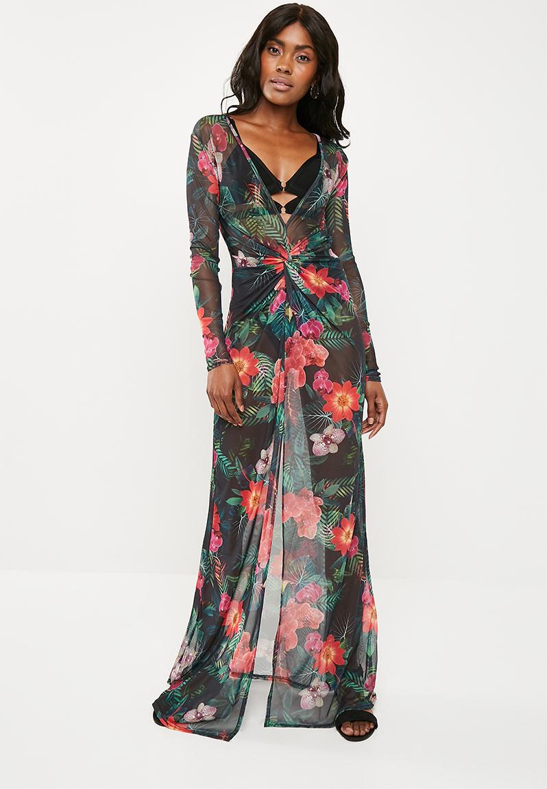 Floral thigh split sheer mesh maxi dress - black Missguided Kaftans ...