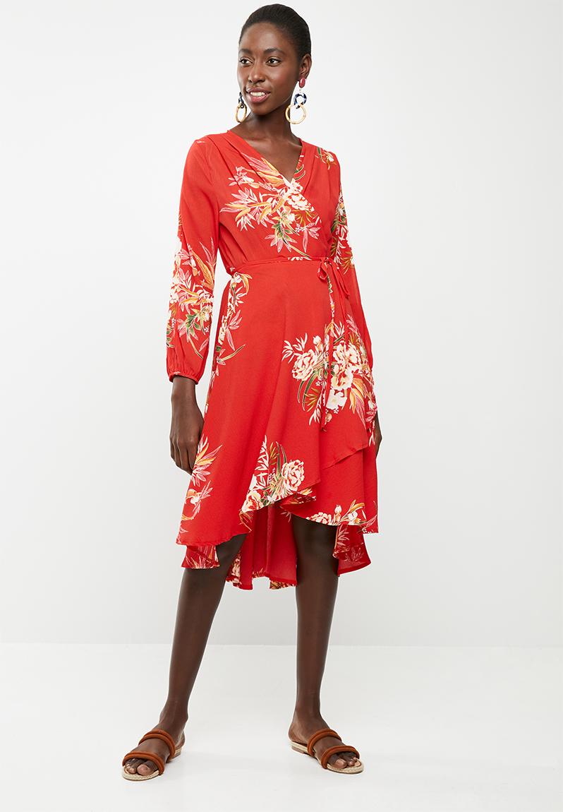 Floral faux wrap dress - red Revenge Casual | Superbalist.com