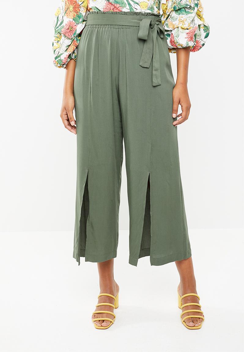 Wide leg paperbag pants - khaki green STYLE REPUBLIC Trousers ...