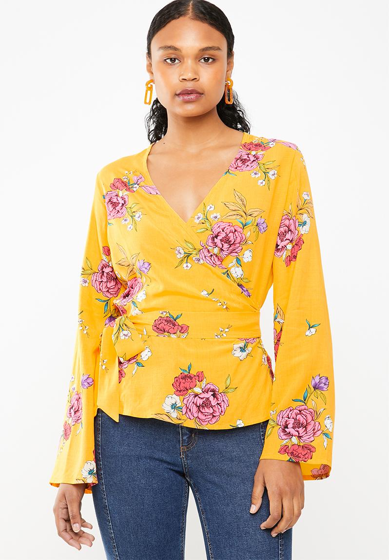 Bell sleeve wrap blouse - yellow floral Superbalist Blouses ...