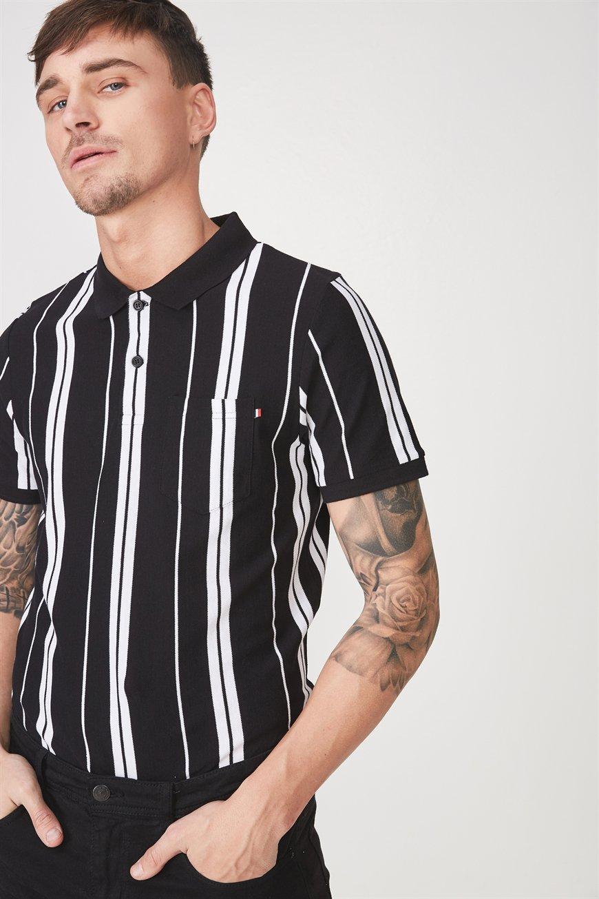 black and white stripe polo