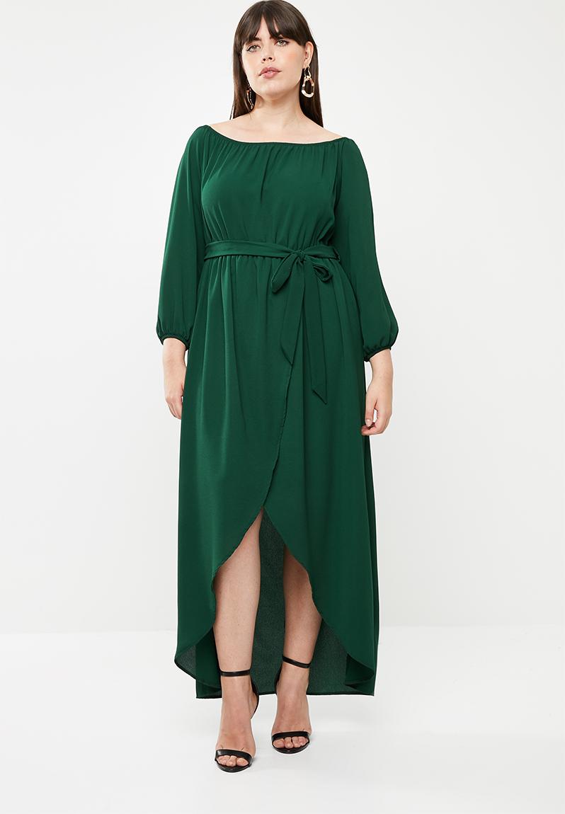 Bardot neckline long sleeve dress - green edit Plus Dresses ...