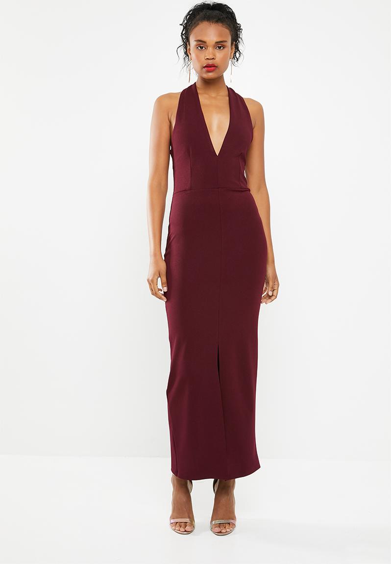 low-cut-halter-neck-dress-with-slit-detail-deep-red-superbalist