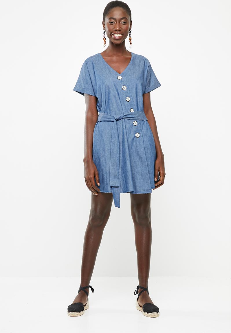 Asymmetrical button detail denim dress - light blue Superbalist Casual ...