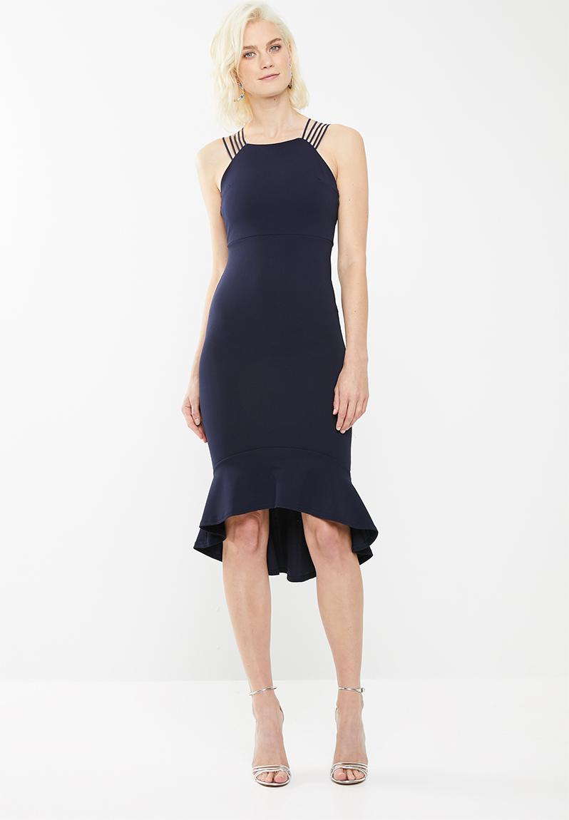 Bridesmaid strap detail fishtail midi - navy Missguided Occasion ...