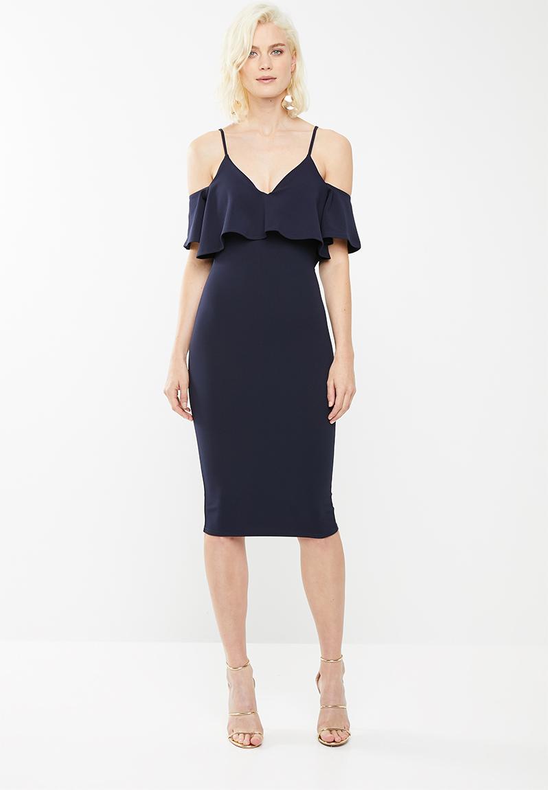 Frill Cold Shoulder Midi Dress Navy Missguided Occasion