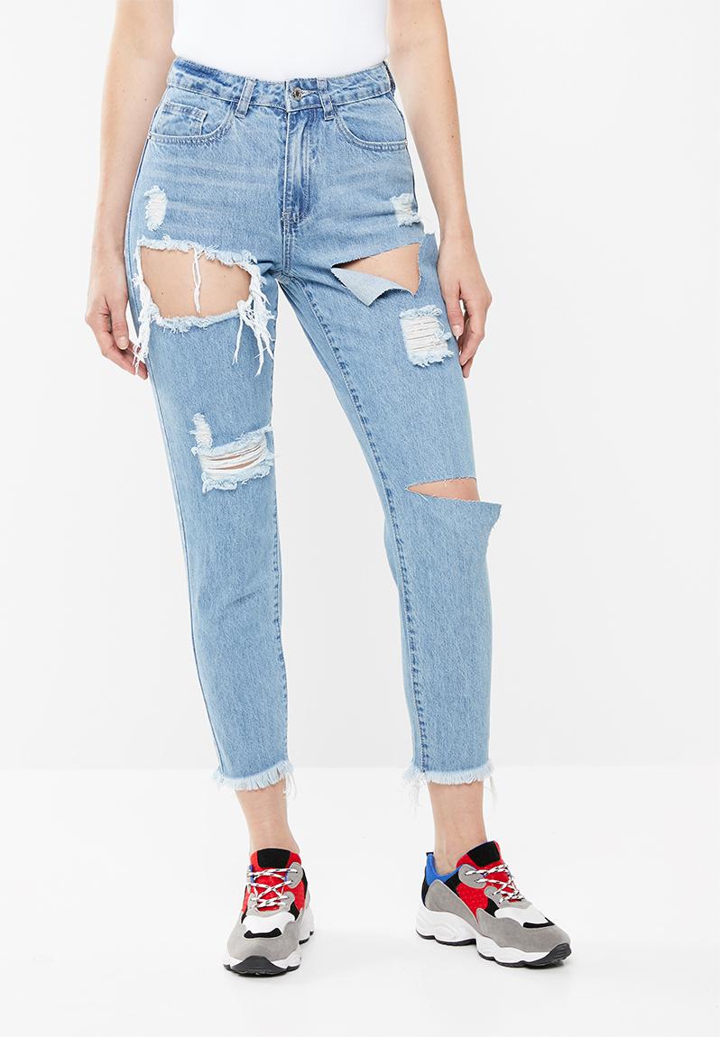 Riot High Rise Split Rip Mom Jean Blue Missguided Jeans 