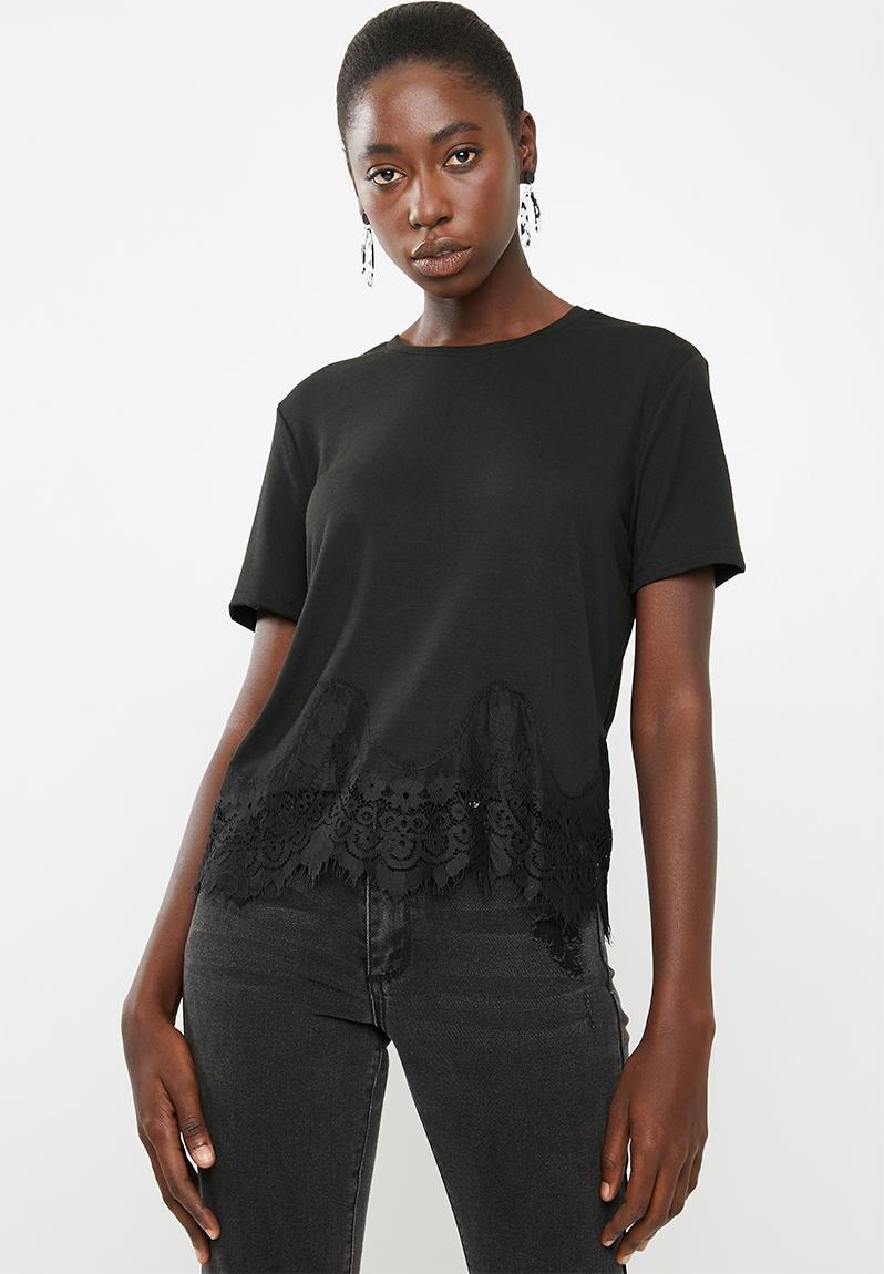 Bella lace short sleeve top - black ONLY T-Shirts, Vests & Camis ...
