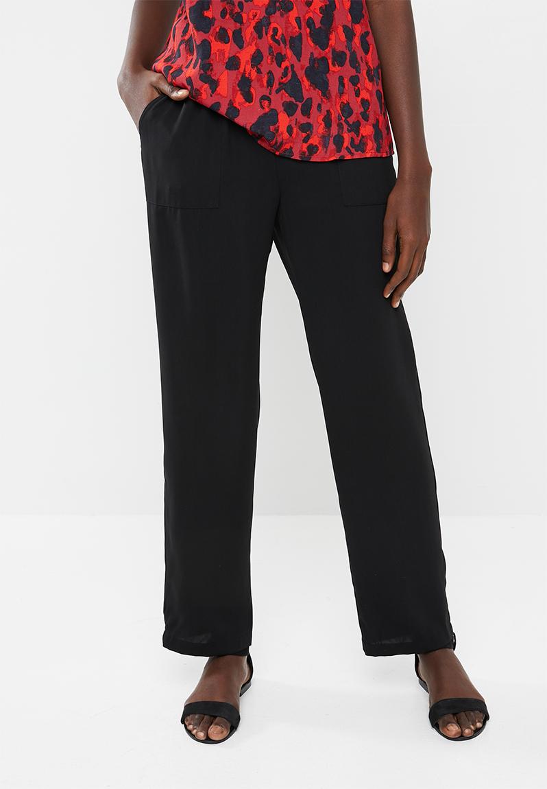 womens black trousers with red stripe