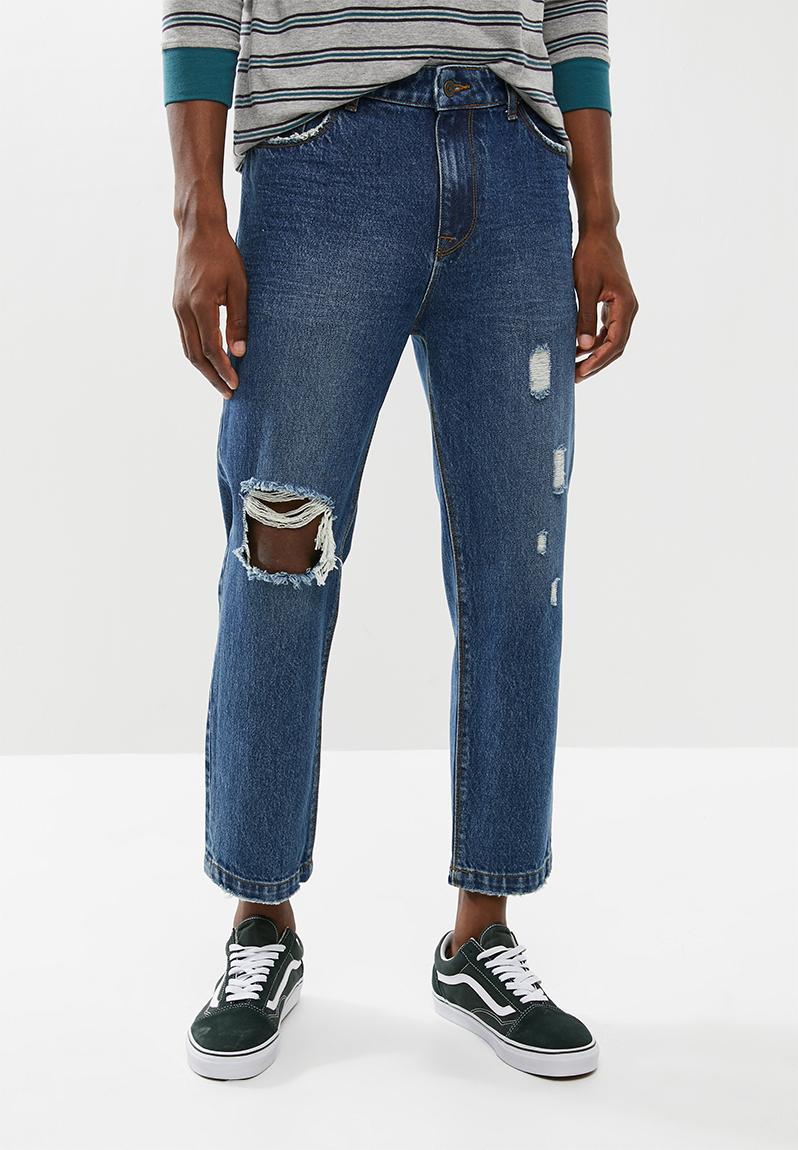 Cropped regular tapered destroy jeans - mid classic blue wash ...