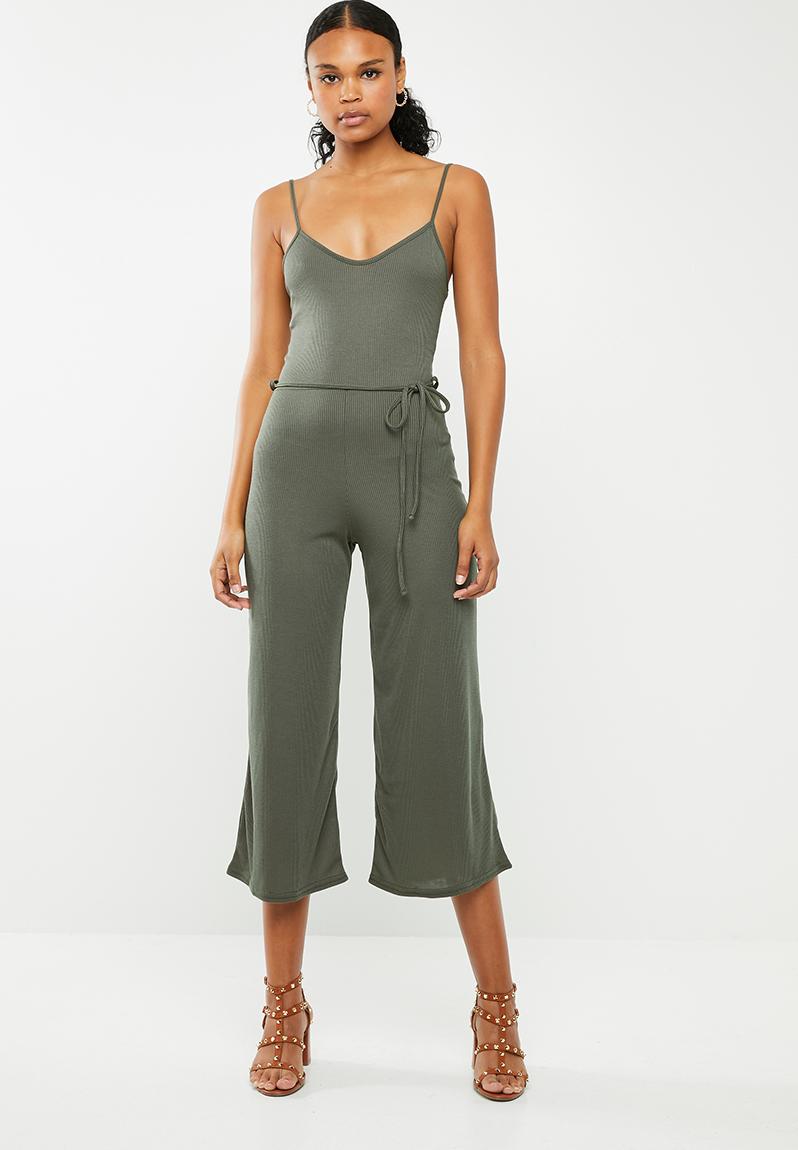 Rib culotte jumpsuit - khaki Missguided Jumpsuits & Playsuits ...