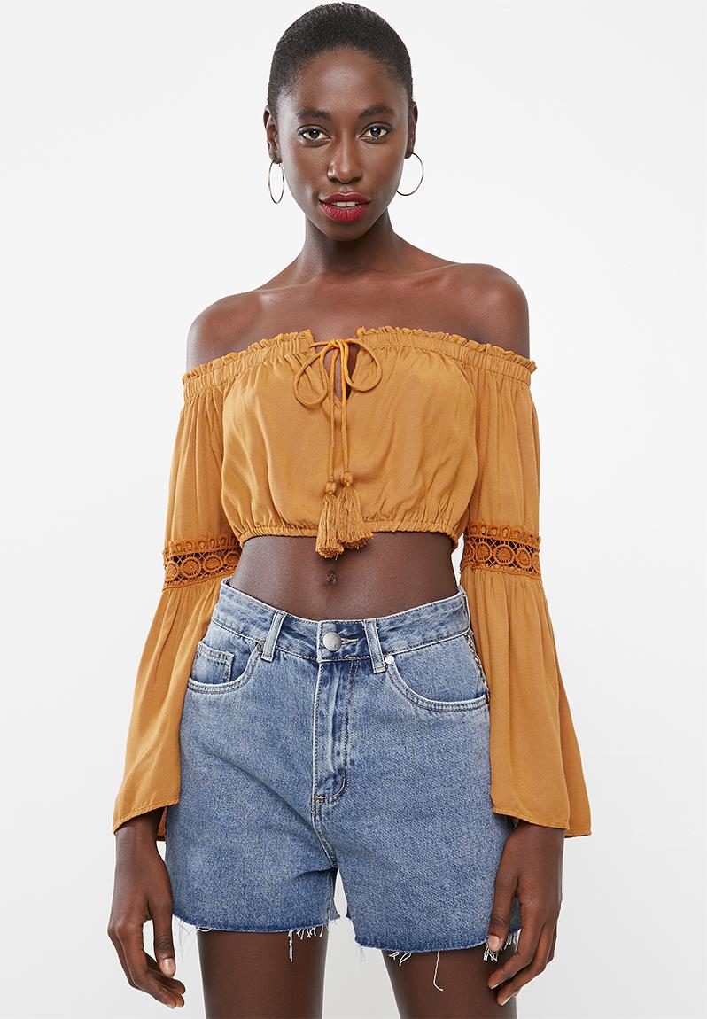 Crochet sleeve milkmaid crop top dark mustard brown Missguided