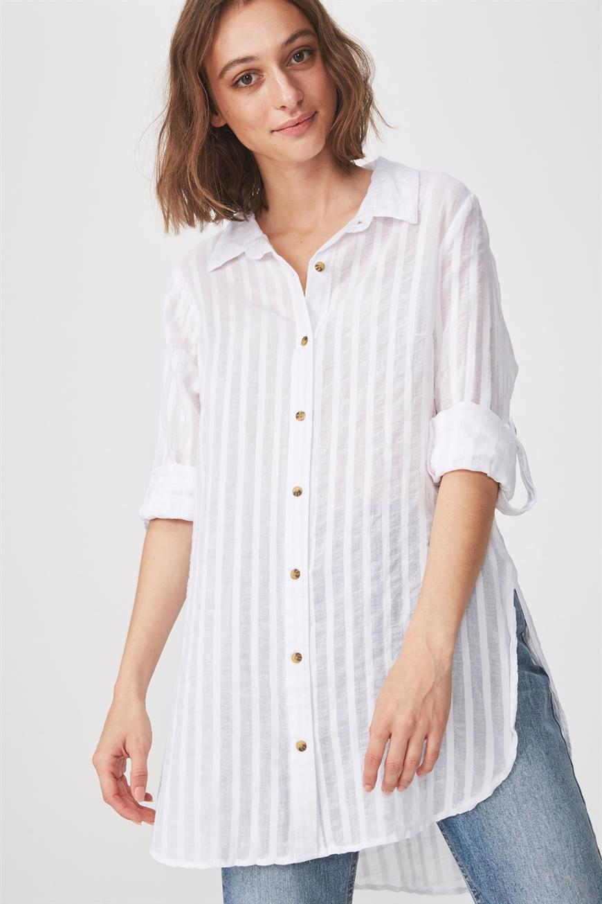 Longline Fashion Shirt White Textured Stripe Cotton On Shirts 6013