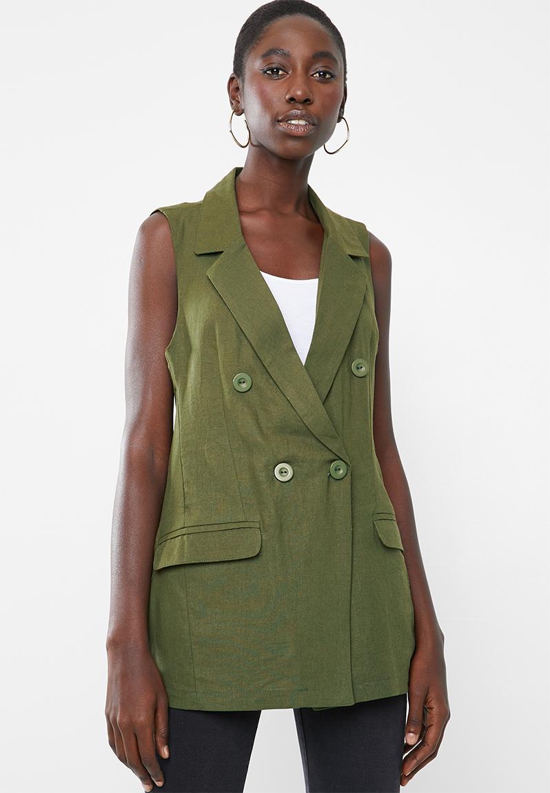 Sleeveless DB linen blend blazer - olive