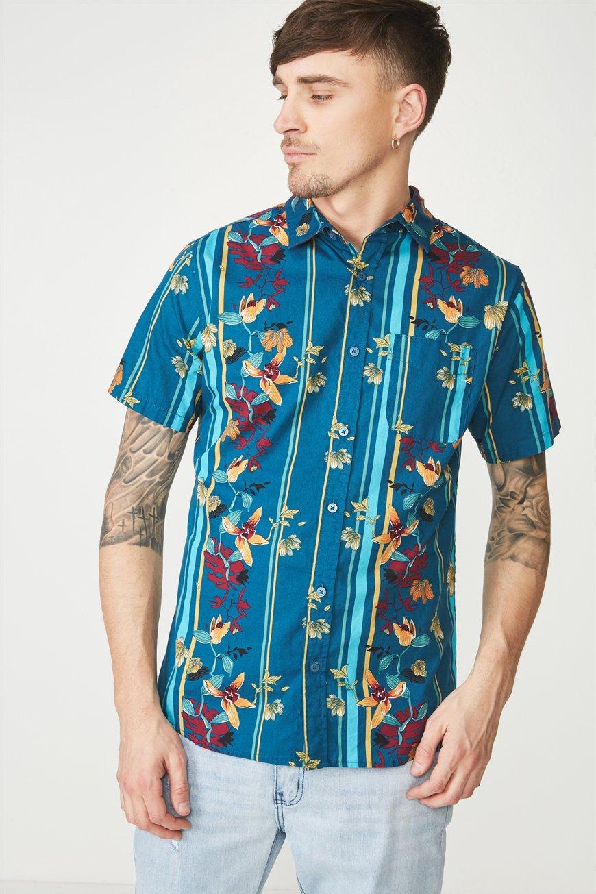 Short sleeve resort shirt - teal stripe floral Cotton On Shirts ...