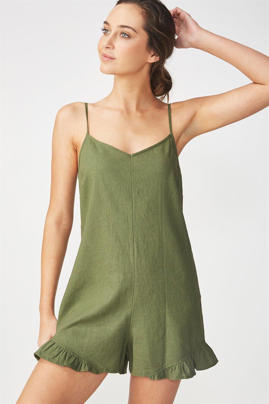Woven lilly strappy frill playsuit - soft khaki Cotton On Jumpsuits ...