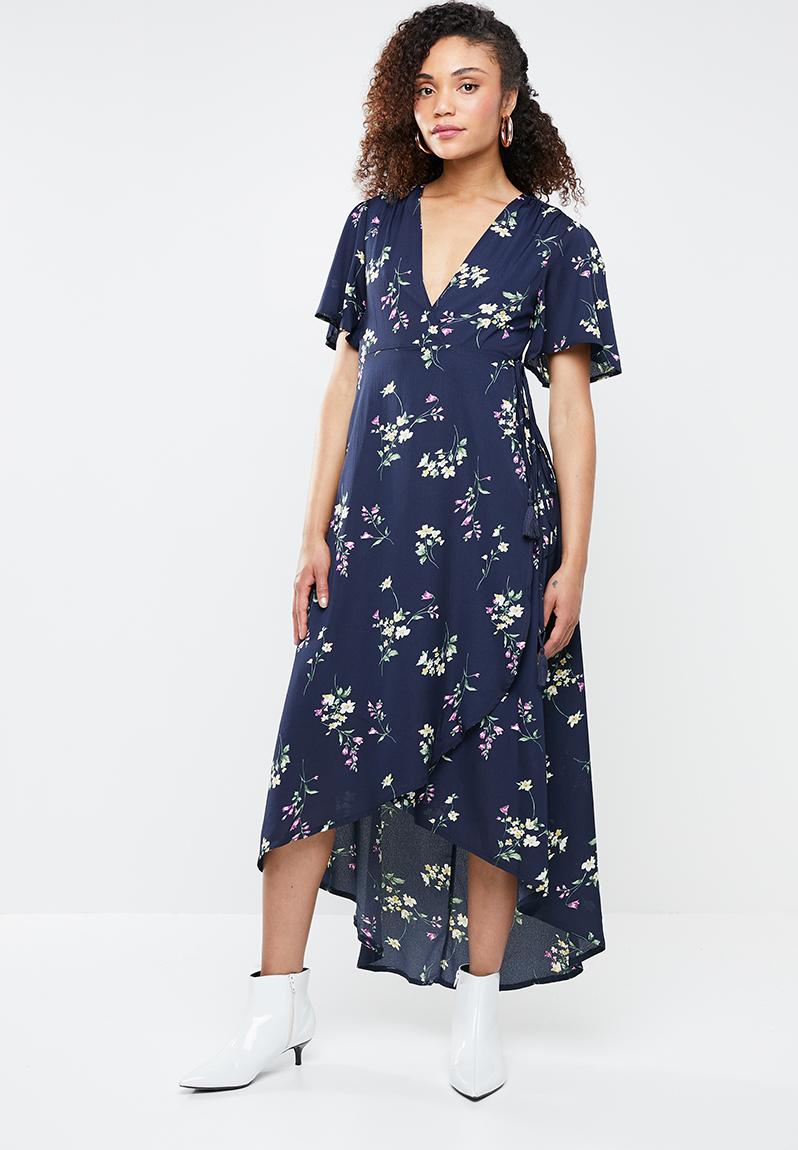 High low wrap front midi tea dress - blue Missguided Casual ...