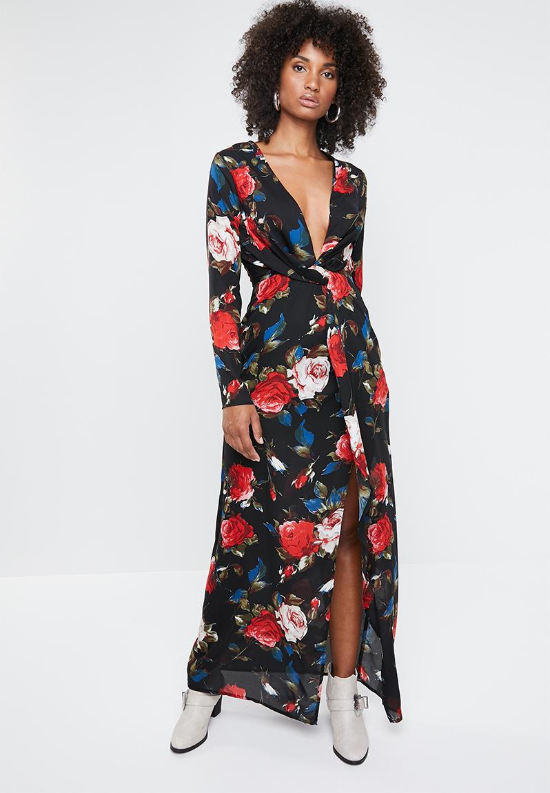Floral long sleeve twist wrap maxi dress - black Missguided Occasion ...