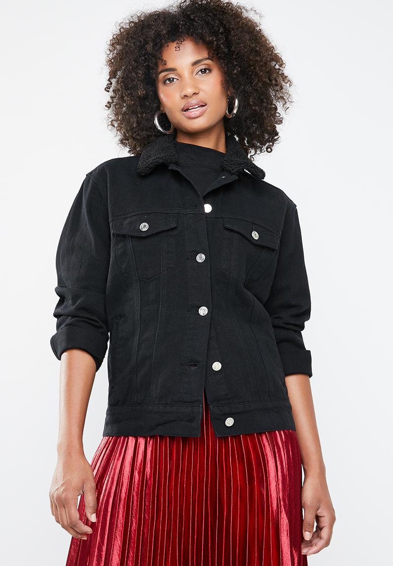 Oversized teddy faux fur denim jacket - black Missguided Jackets ...