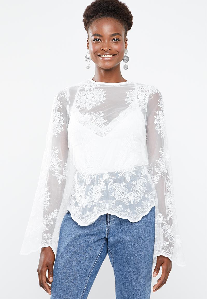 High neck embroidered lace blouse - white Missguided Blouses ...