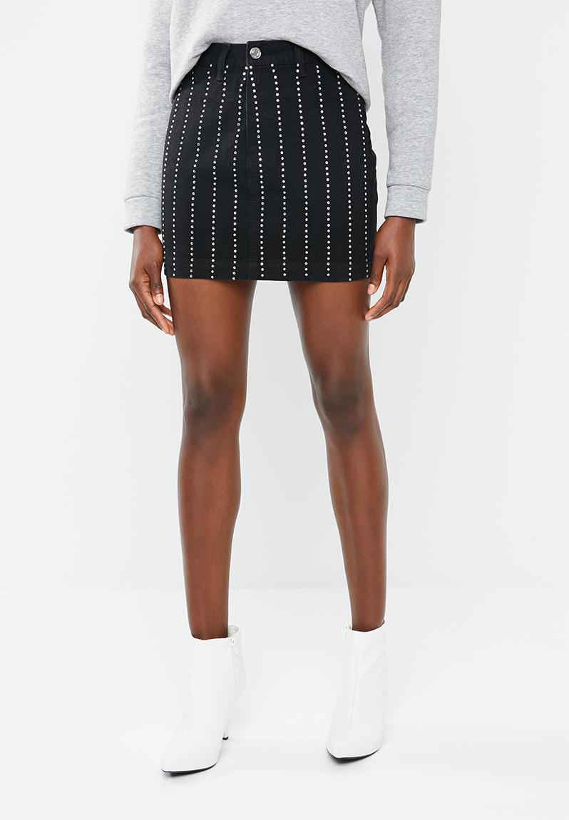 Linear embellished denim mini skirt - black Missguided Skirts ...