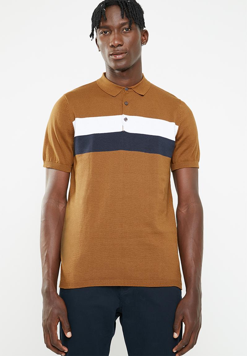 Rust block stripe polo tee - rust New Look T-Shirts & Vests ...