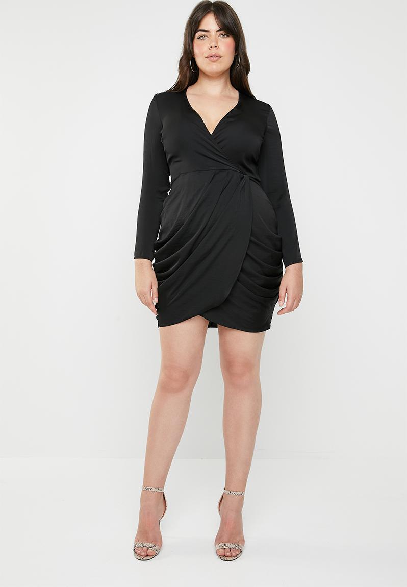 Curve satin wrap over ruched side dress - black Missguided Dresses ...