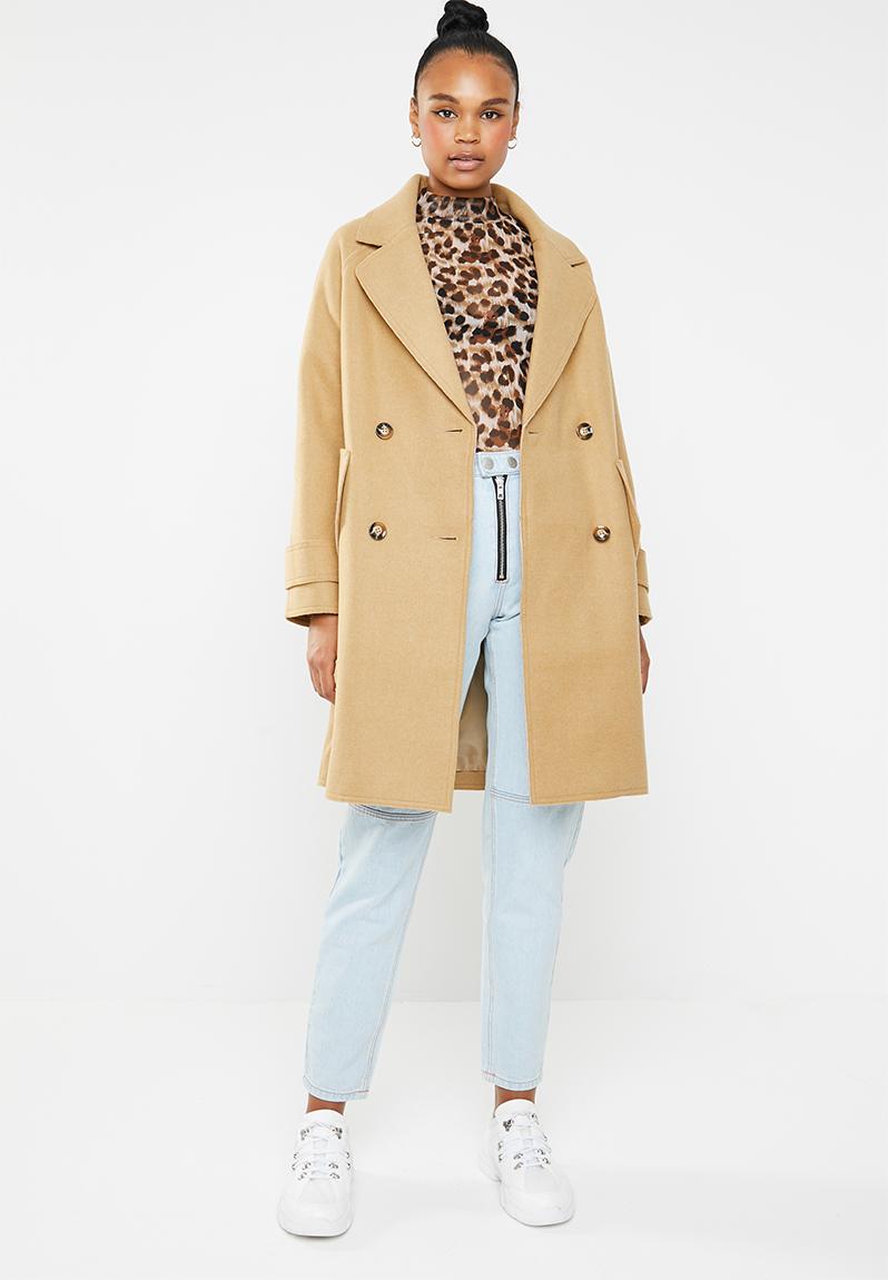 Double breasted raw edge cocoon coat - camel Missguided Coats ...