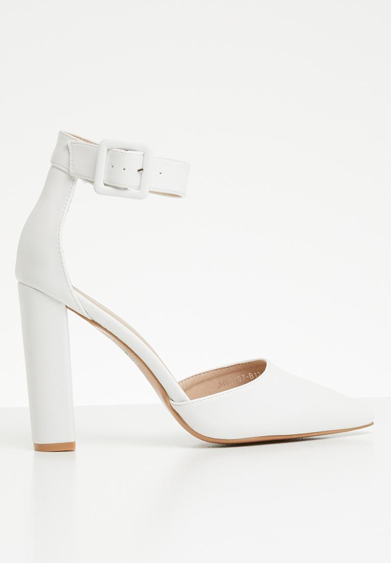 white pointed toe ankle strap heels