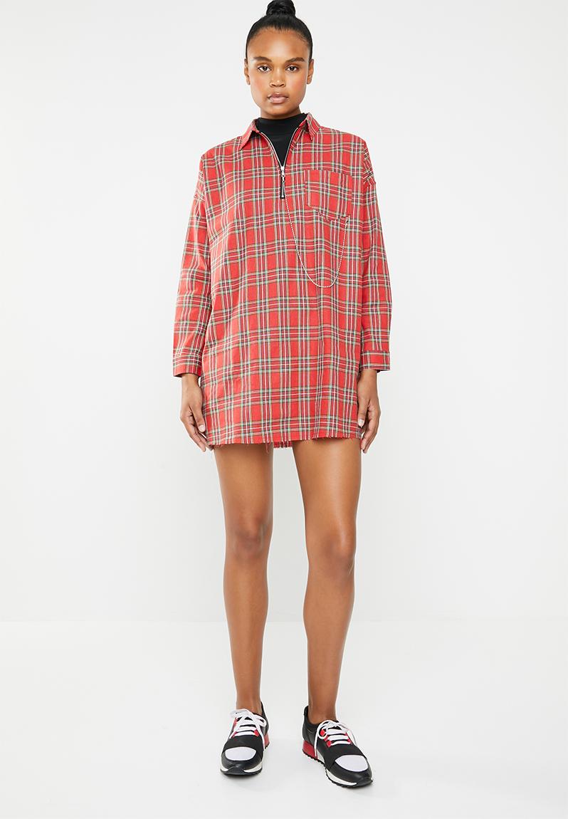 red tartan shirt dress